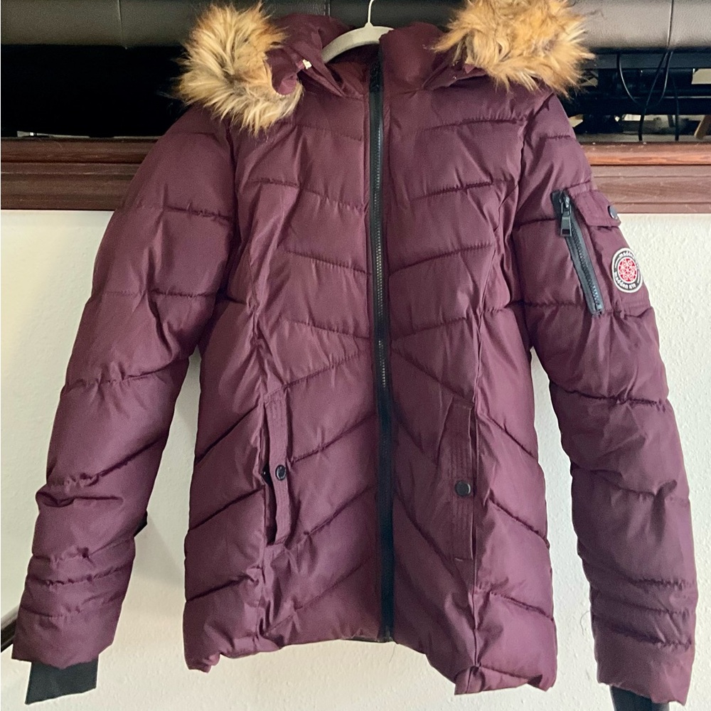 Plum Puffer Jacket with Faux Fur Trim